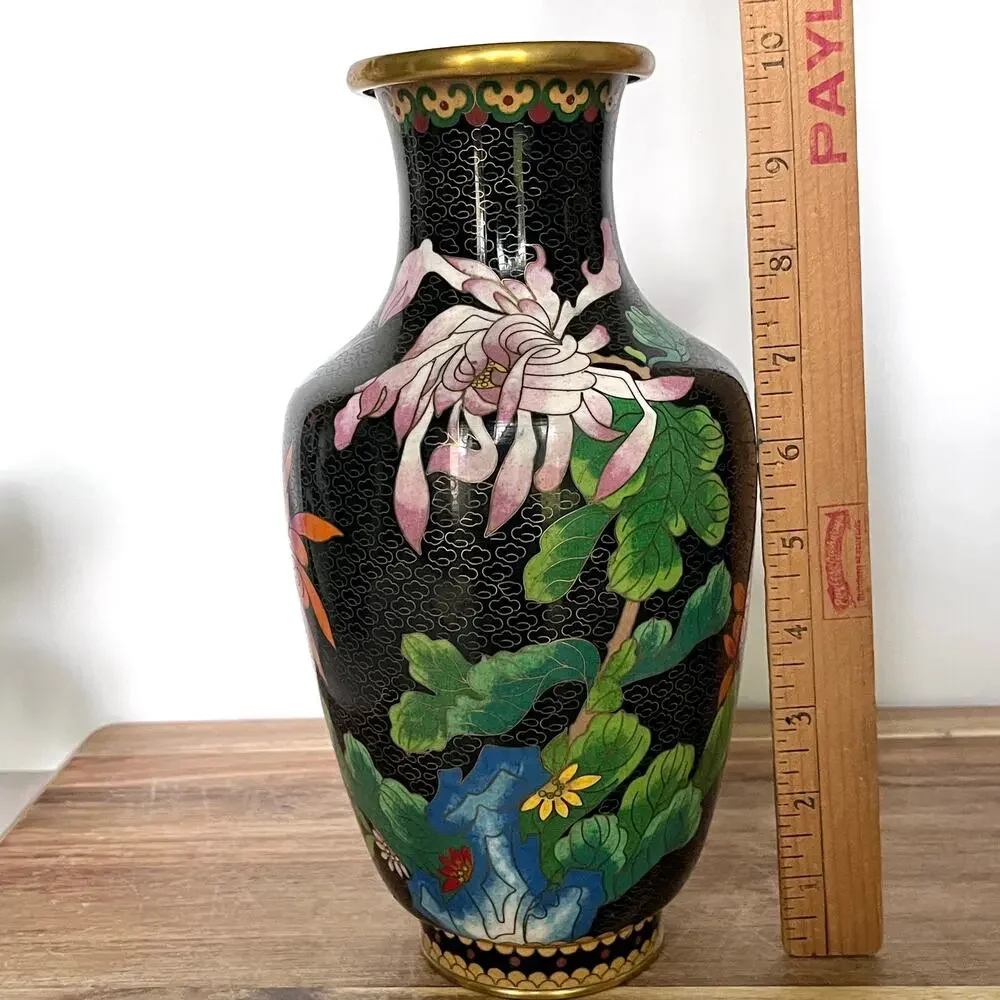Vintage Chinese Cloisonne Lotus Flower Floral Botanical Bird Vase 10